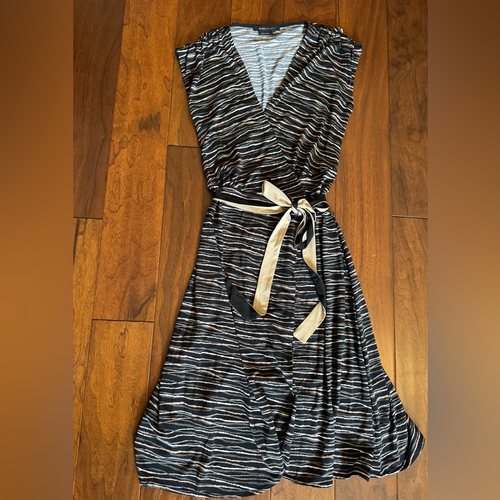 BCBG Black and Tan Striped Wrap Dress with Belt